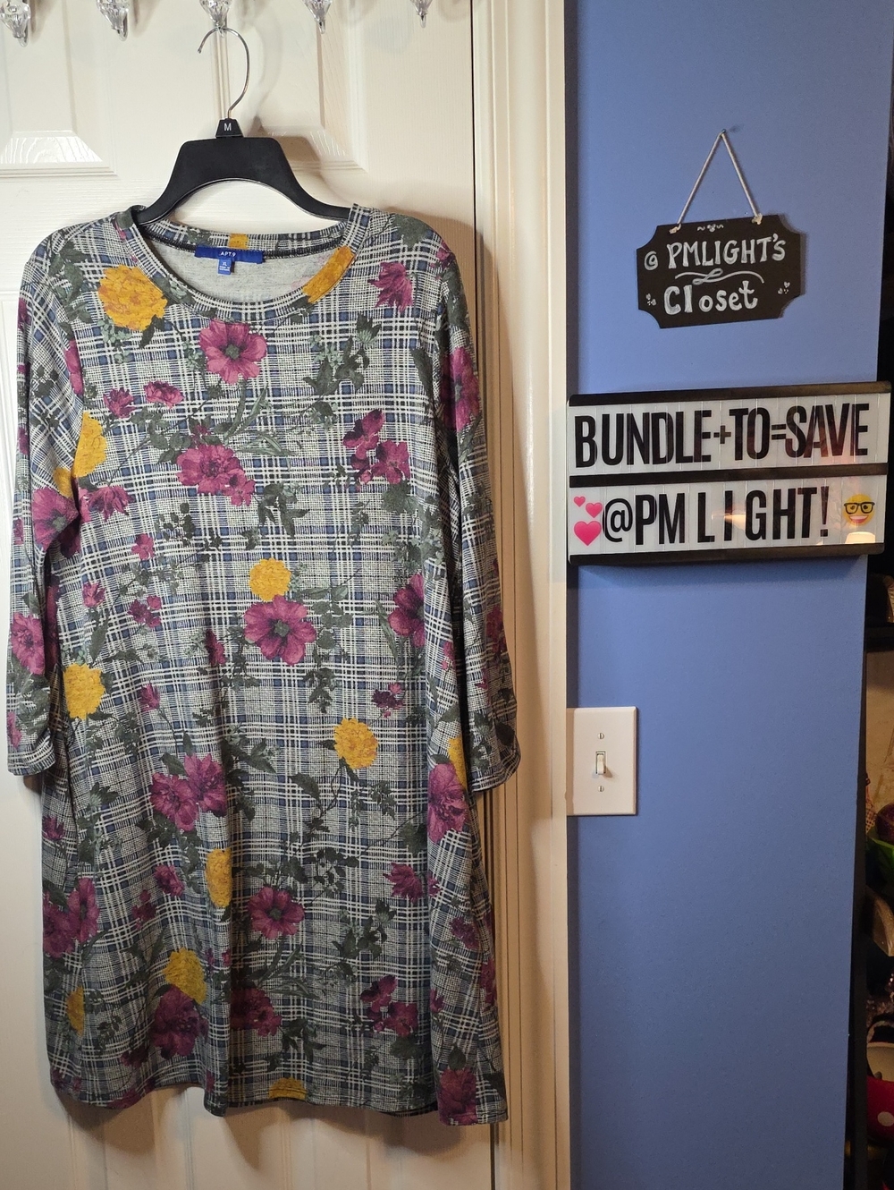 Apt. 9 Floral Plaid Shift Dress in Gray XL with Purple & Yellow Flowers